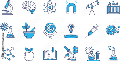 Science and education icon set with laboratory equipment, research symbols, biology, chemistry and innovation concepts in modern vector style
