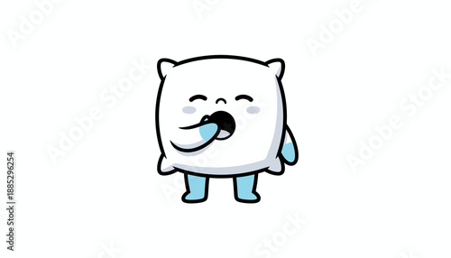 A cute cartoon pillow character with closed eyes and a hand near its mouth, appearing sleepy or yawning.