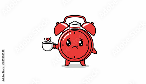 A cute, sad red alarm clock character holding a steaming cup of coffee with a heart symbol.