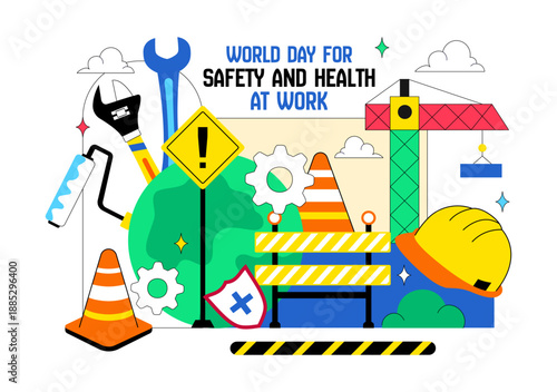World Day For Safety And Health At Work Vector Illustration April 28 Featuring Mechanic Tools Construction Helmet Flat Cartoon Background