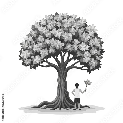 Boy with Flowers Under Large Tree, Black and White Illustration