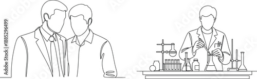 Scientific research and collaboration line art illustration with colleagues discussion and laboratory experiment setup in minimal vector style