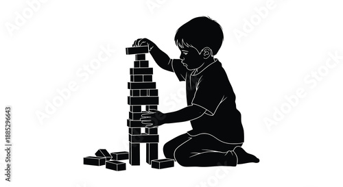 A young boy intently focused on building a tall precarious tower of rectangular blocks presented as a striking silhouette high quality