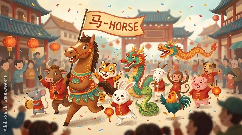 Naklejka premium Colorful celebration scene with animals in traditional outfits during a festival in a town square with decorations and many people watching Generative AI