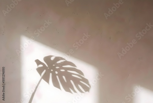 Shadow of a monstera deliciosa leaf on a beige textured wall