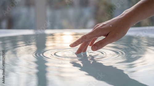 Wallpaper Mural A person gently interacts with the rippling surface of water, creating delicate circles. This tranquil scene conveys a sense of calm and the captivating beauty of natural interactions. Torontodigital.ca