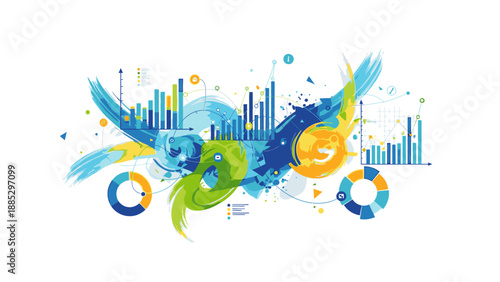 Vibrant abstract composition with blue, green, and orange shapes, bars, and circles on a white background, conveying a dynamic and energetic mood with a mix of artistic and statistical