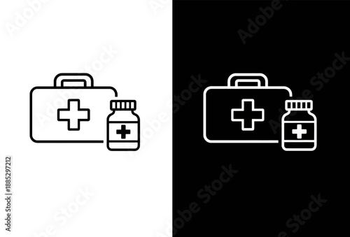 First aid kit and medicine bottle outline icons