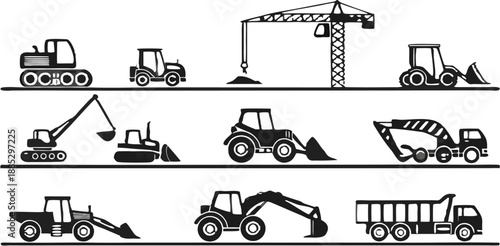 A collection of 28 distinct construction vehicle icons arranged in three rows, set against a transparent background. Each icon is rendered in a simple, clean black outline style. The first row feature