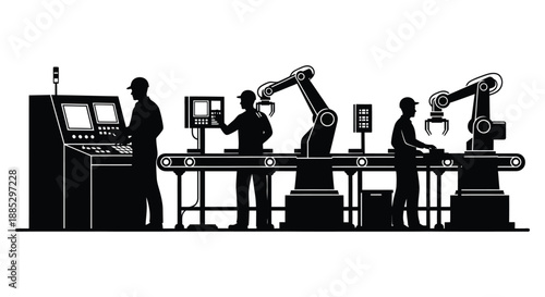 automated factory production line with human workers and robotic arms shown in a stark contrasting black silhouette high quality professional detailed