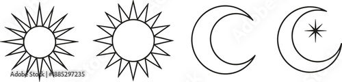Sun and moon celestial symbol set with day and night icons for astrology and minimal outline vector design
