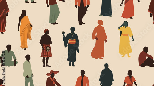 Diverse People Silhouettes in Traditional Clothing Patterns.