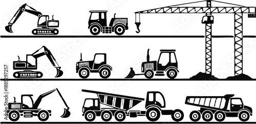 A collection of 28 distinct construction vehicle icons arranged in three rows, set against a transparent background. Each icon is rendered in a simple, clean black outline style. The first row feature