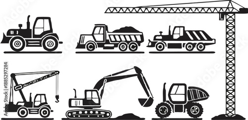 A collection of 28 distinct construction vehicle icons arranged in three rows, set against a transparent background. Each icon is rendered in a simple, clean black outline style. The first row feature