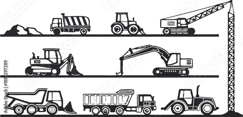 A collection of 28 distinct construction vehicle icons arranged in three rows, set against a transparent background. Each icon is rendered in a simple, clean black outline style. The first row feature
