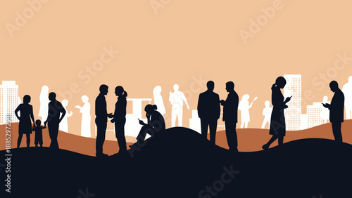 Diverse Group of People Silhouettes in Cityscape Background.