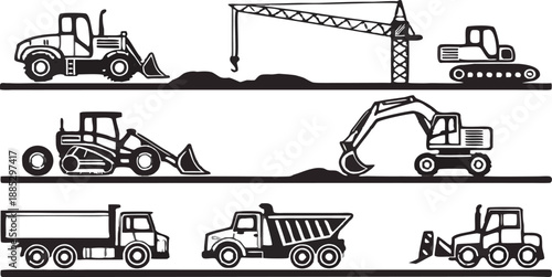 A collection of 28 distinct construction vehicle icons arranged in three rows, set against a transparent background. Each icon is rendered in a simple, clean black outline style. The first row feature