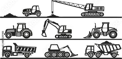 A collection of 28 distinct construction vehicle icons arranged in three rows, set against a transparent background. Each icon is rendered in a simple, clean black outline style. The first row feature