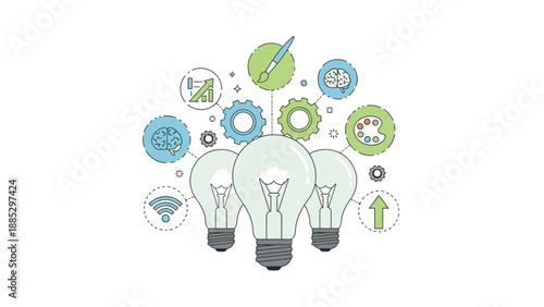 Illustration of three light bulbs with various business and technology icons floating above them on a white background with a creative and innovative mood.