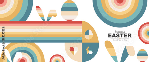 Happy Easter banner. Modern geometric design in pastel colours.