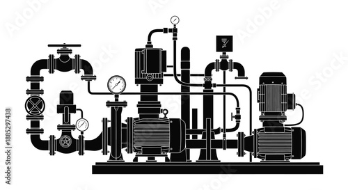 a detailed illustration showcases a complex piping and pump system configuration in a striking black and white silhouette high quality professional
