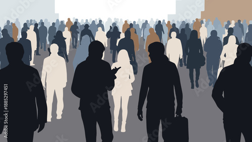 Crowd of people walking in a city street illustration.