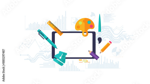 Graphic design tools and supplies arranged around a tablet on a white background with a colorful and creative mood.