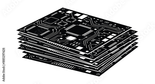 a stack of black circuit boards is displayed showcasing intricate electronic pathways and components in a stark silhouette high quality professional