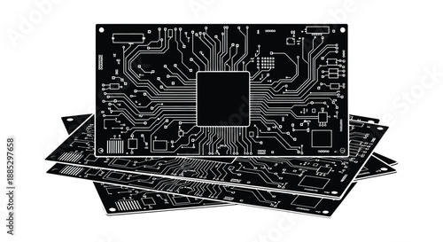 A stack of printed circuit boards with intricate white traces and a central chip rendered as a dark silhouette high quality