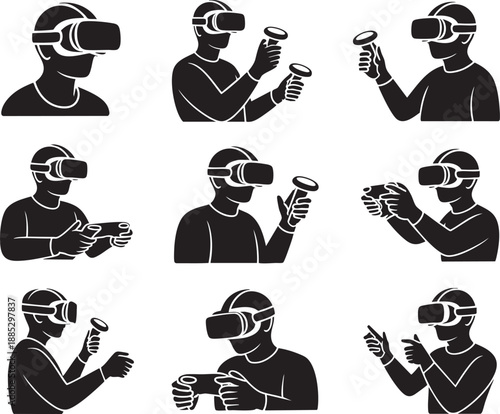 Person Wearing Black V R Headset Interacting with Virtual Reality Controllers in Various Positions
