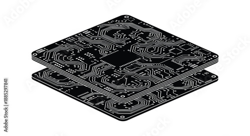 an isometric view of two stacked circuit boards showcasing intricate electronic pathways and components in a dark silhouette high quality professional