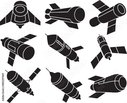 Seven black and white rocket ships in different orientations and space 1