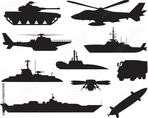 Silhouettes of military vehicles and aircraft including tanks helicopters ships and submarines
