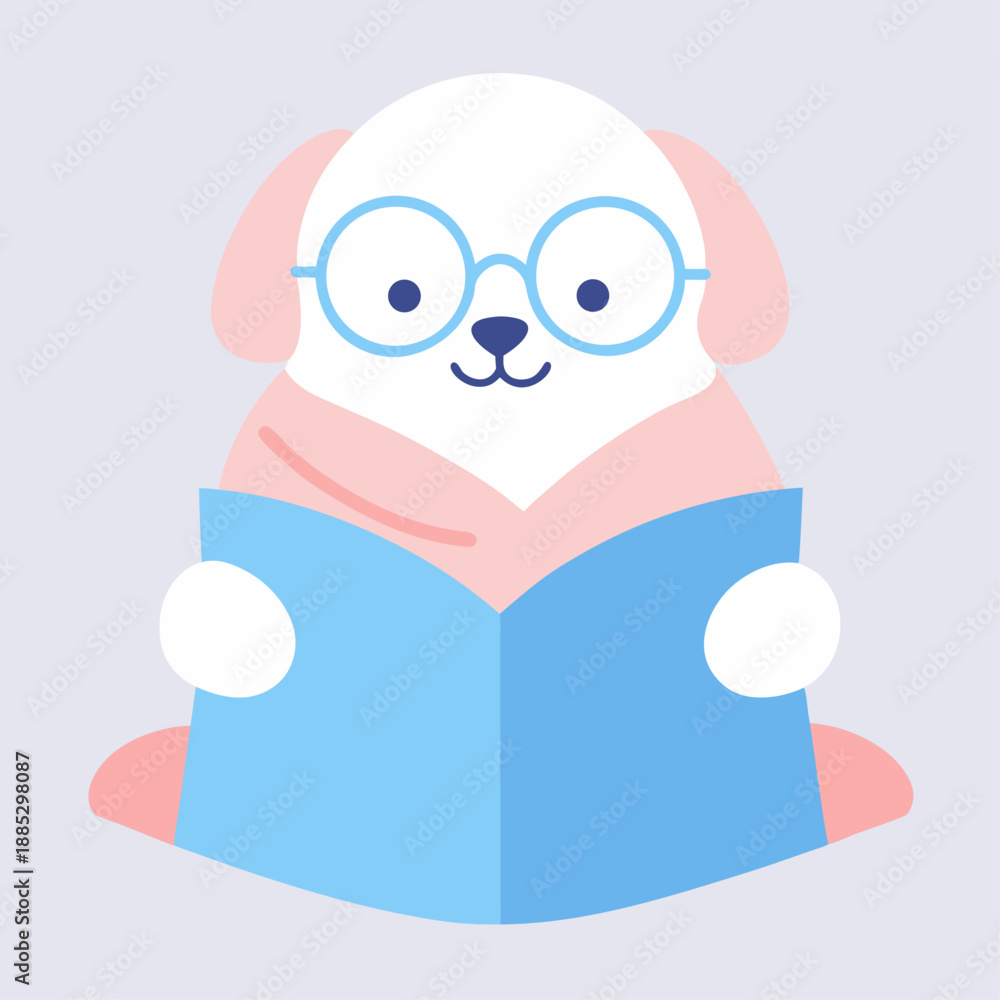 Obraz premium A cute cartoon dog wearing glasses is intently reading a book