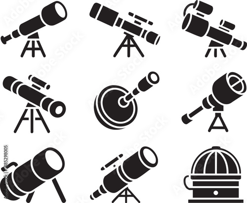 Various black and white telescopes on a white background for astronomy stargazing