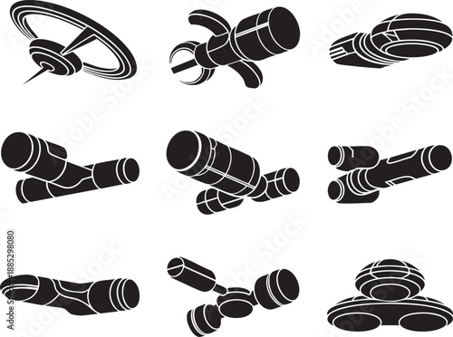 Black and white abstract geometric shapes with cylindrical and spherical forms arranged in various configurations 1