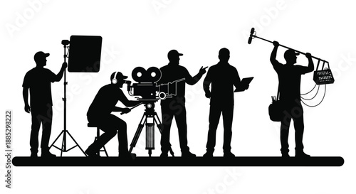 a dramatic depiction of a film crew working diligently on a movie set showcasing the art of filmmaking silhouette high quality