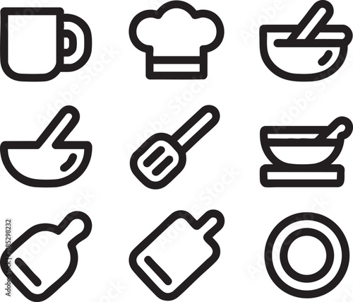 Black and white line of kitchen tools including whisk chef hat and mixing bowl