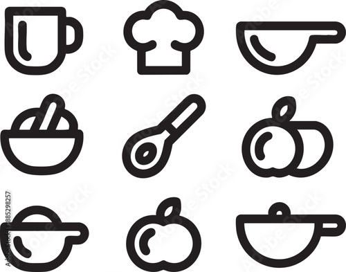 Black and white line of kitchen utensils and food including a cup, chef hat, bowl, spoon, and apple
