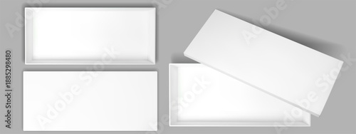 White blank box top view with open cardboard lid mockup and empty gift package inside. Realistic 3d present container with shadow and paper cover perspective. Vector mock up isolated on background