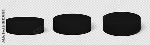 Round pedestal collection with dark surface for premium product presentation. Circle black platform base in 3d with modern minimal style. Isolated vector show block mockup for showcase display