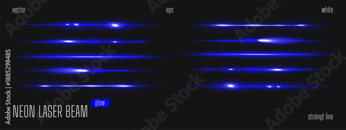 Laser neon blue with light beam flare and horizontal streak for digital overlay. Bright line with shine glow speed effect in black dark space. Abstract vector motion ray for casino illustration