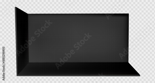 3d booth with corner stand mockup and black wall for exhibition tradeshow event. Empty stage room with backdrop showroom display and office interior floor. Render perspective design for trade show