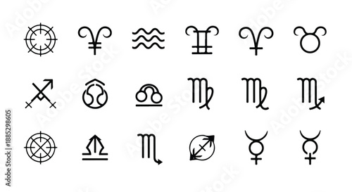Set of 20 Black Outline Astrology Zodiac Sign Icons Vector