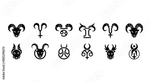 Set of 12 Black Zodiac Astrological Symbols Vector Icons