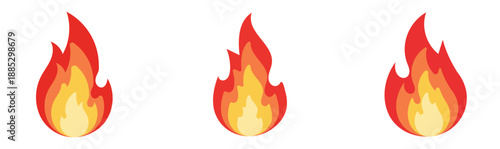 Fire Flame Icon Set Symbolizing Heat, Energy, Warning, and Power Concepts