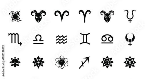 Set of 20 Black Zodiac Astrological Sign Icons Vector