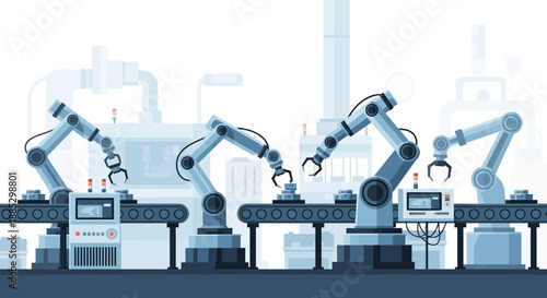 Industrial robotic arms working on an assembly line in a factory with a focus on engineering and manufacturing processes.