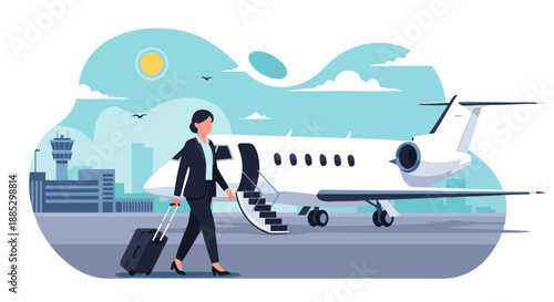 Vector illustration of a businesswoman with a suitcase disembarking from a private jet at an airport