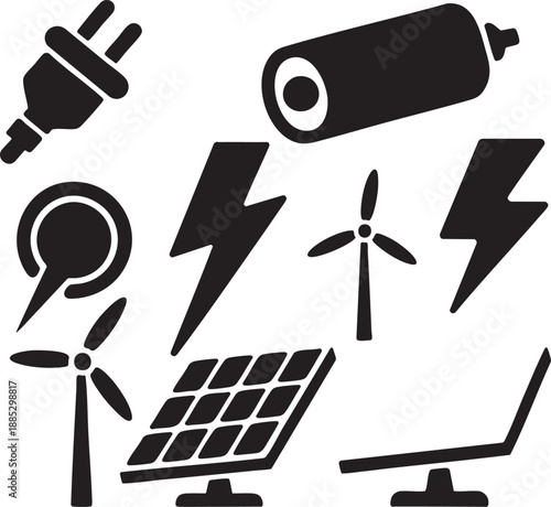Black and white of energy sources including wind turbines solar panels and lightning bolts